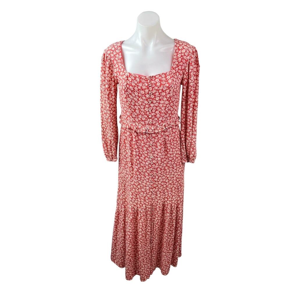 Lost + Wander Red Floral Shirred Long Sleeve Ruffle Blouson Maxi Dress Size S